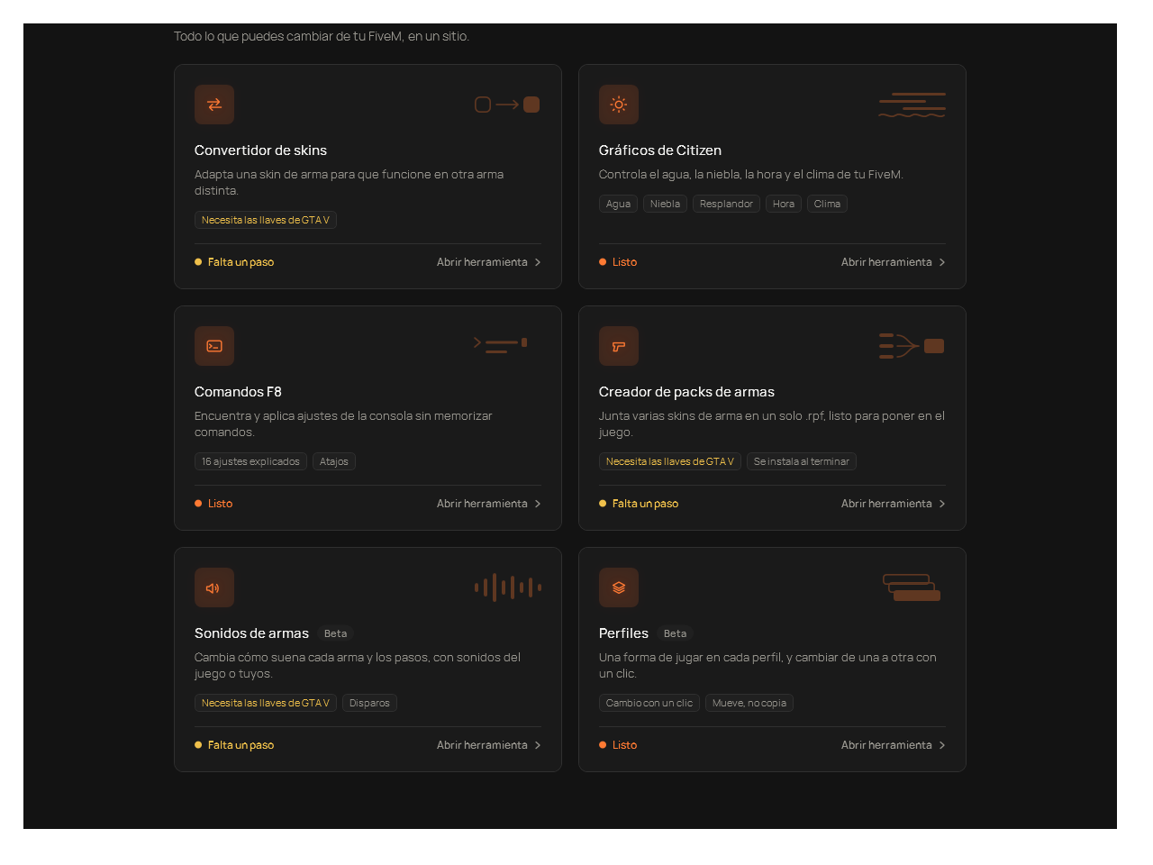 La pantalla de herramientas de WRENCH con sus siete tarjetas, cada una con su estado.