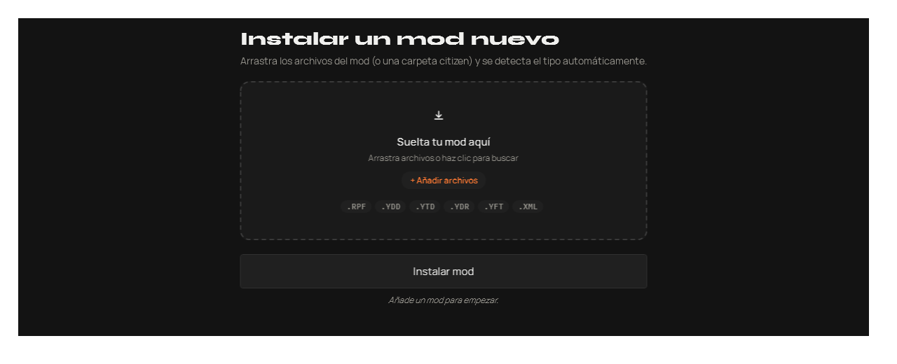 La pantalla del instalador de WRENCH, con la zona para soltar archivos y los formatos que acepta.